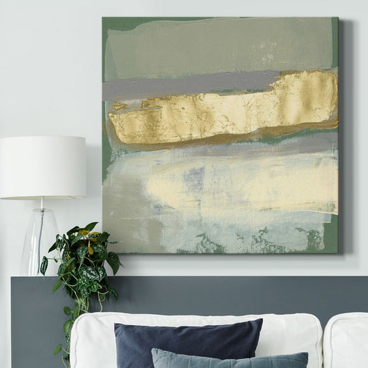 Elegant Sage and Gold Abstract Oil Painting for Modern Home Decor