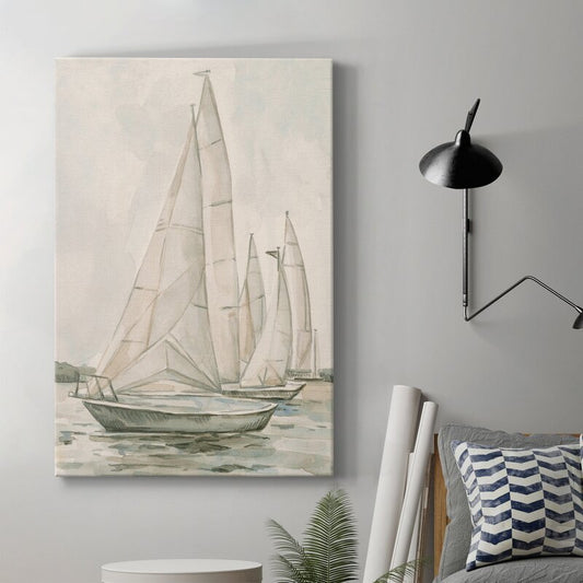 Sailing Serenity: Elegant Oil Painting of Classic Sailboats on Tranquil Waters