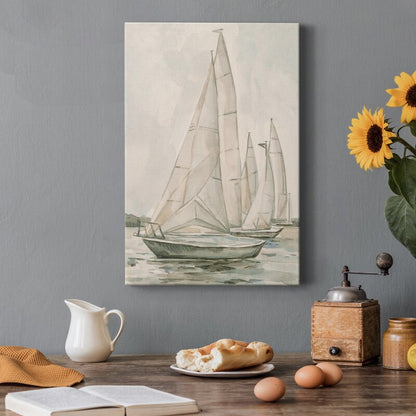 Sailing Serenity: Elegant Oil Painting of Classic Sailboats on Tranquil Waters