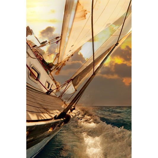 Dynamic Oil Painting of a Sailboat Gliding Through Serene Sunset Waters