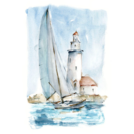 Tranquil Harbor Scene with Sailboat and Lighthouse Art Print