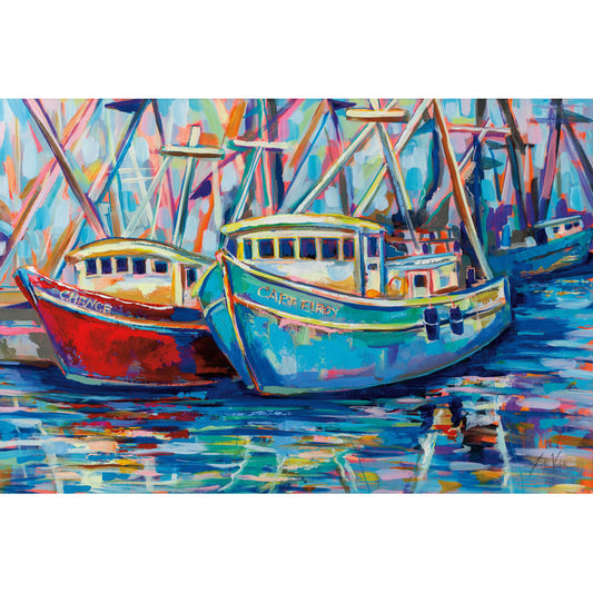 Colorful Fishing Boats on Vibrant Water - Jeanette Vertentes Oil Painting Print