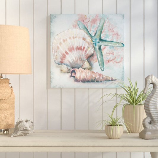 Coastal Charm: Serene Oil Painting of Sea Shells and Starfish