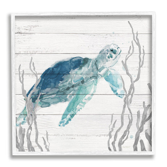 Rustic Sea Turtle Art Print with Ocean Botanicals on Plank Background