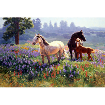 Serene Landscape with Horses in Blooming Wildflowers