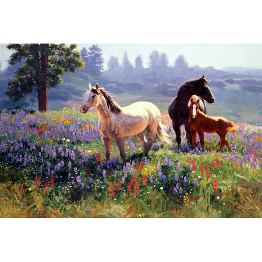 Serene Landscape with Horses in Blooming Wildflowers