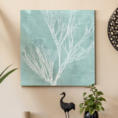 Elegant Seaweed Art on Aqua Background for Coastal Home Decor