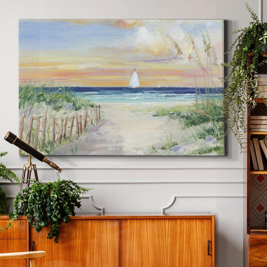 Serene Ocean View with Sailboat at Sunset - Coastal Landscape Oil Painting