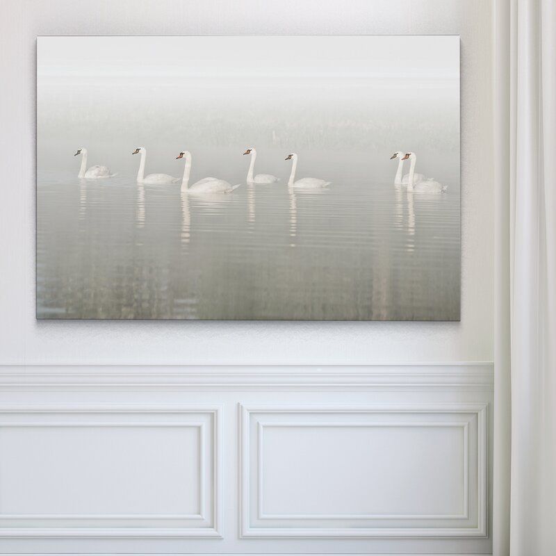 Elegant Swans Gliding through Misty Waters - Serene Oil Painting for Home Décor