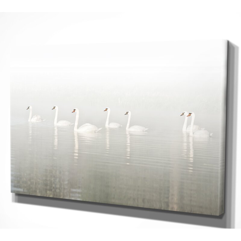 Elegant Swans Gliding through Misty Waters - Serene Oil Painting for Home Décor