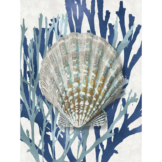 Serene Aqua Blue Shell Art with Coral Motif for Coastal Home Decor