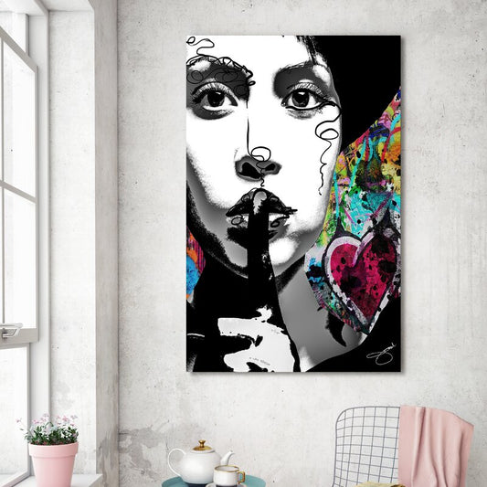 Silence Speaks Volumes: Modern Oil Painting of a Woman with a Shush Gesture