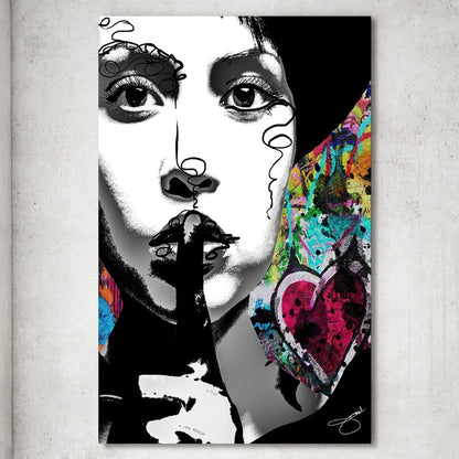 Silence Speaks Volumes: Modern Oil Painting of a Woman with a Shush Gesture