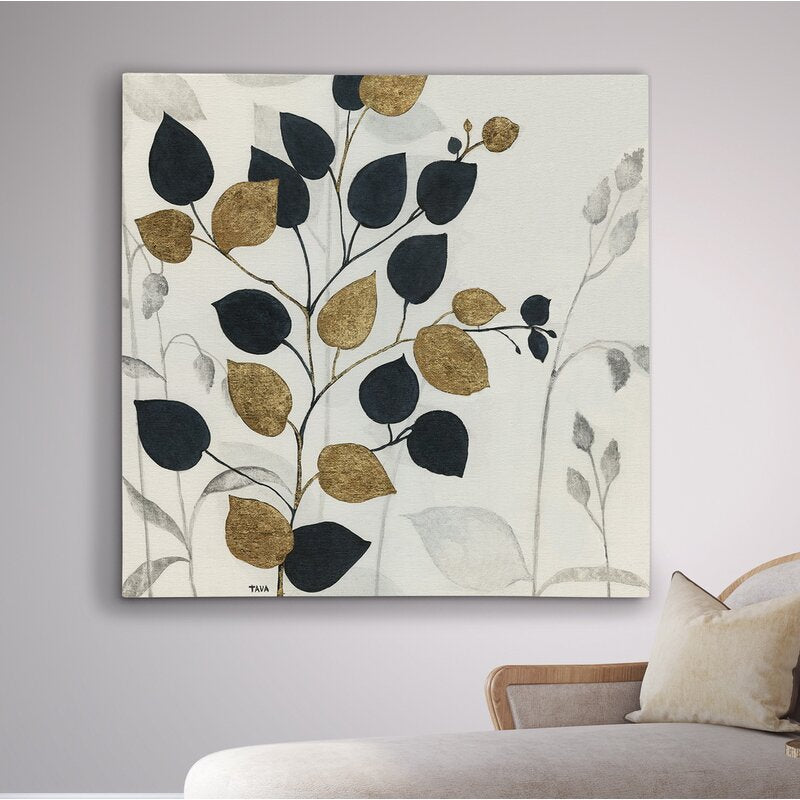 Elegant Gold and Black Leaf Silhouette Oil Painting for Modern Decor