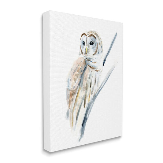 Soft Arctic Owl Watercolor Art on Branch - Elegant Wildlife Decor for Home or Office