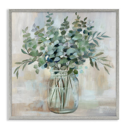 Rustic Eucalyptus Floral Arrangement in Glass Jar - Serene Oil Painting Decor