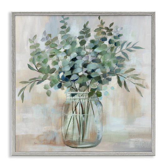 Rustic Eucalyptus Floral Arrangement in Glass Jar - Serene Oil Painting Decor
