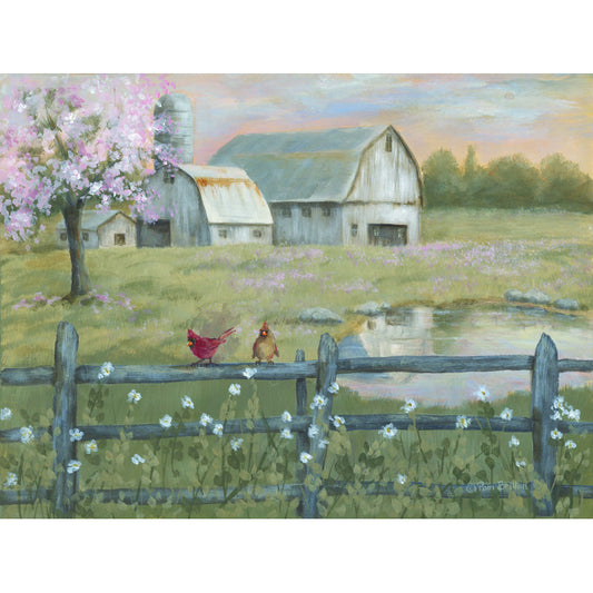 Charming Spring Landscape with Barn and Birds in Blooming Meadow Oil Painting