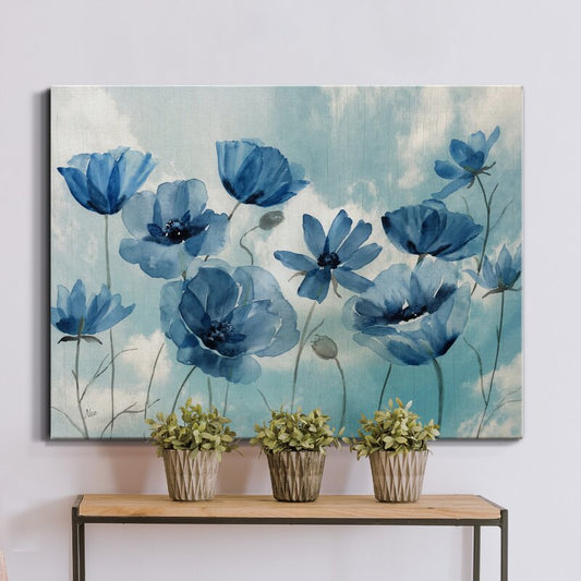 Blue Floral Serenity: Elegant Oil Painting of Blossoming Flowers