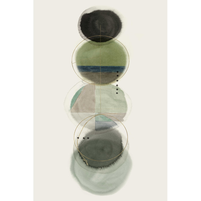 Stylish Abstract Oil Painting of Overlapping Circles in Green and Black