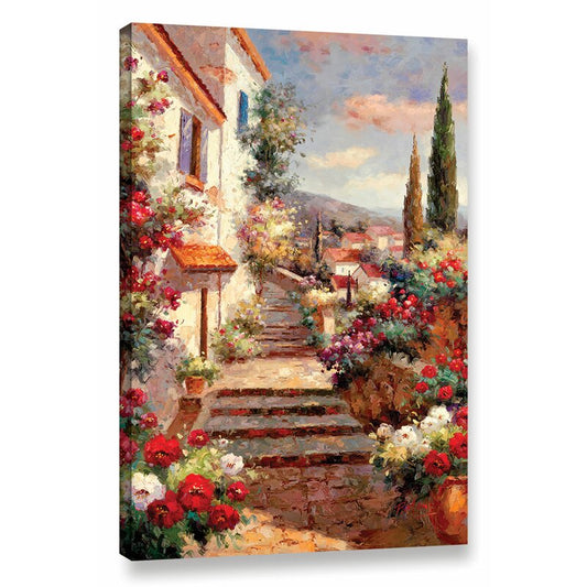 Charming Oil Painting of Flowering Bouquets on a Scenic Garden Stairway