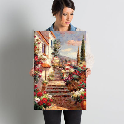 Charming Oil Painting of Flowering Bouquets on a Scenic Garden Stairway