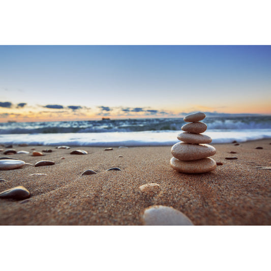 Serene Beach Stone Balance Oil Painting for Relaxing Home Decor