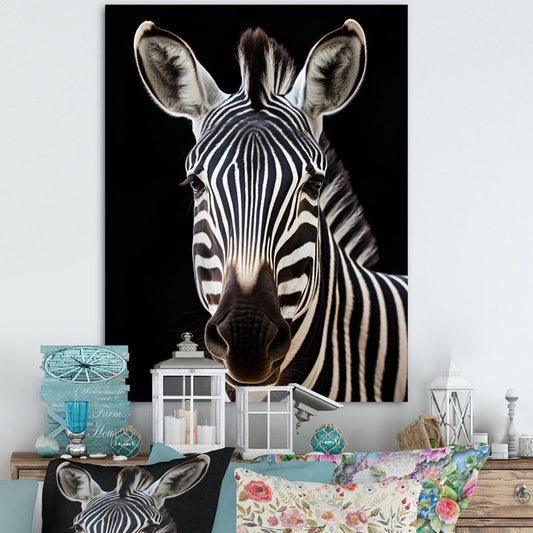 Bold Zebra Portrait on Black Canvas – Stunning Animal Art for Modern Decor