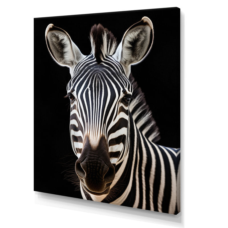 Bold Zebra Portrait on Black Canvas – Stunning Animal Art for Modern Decor