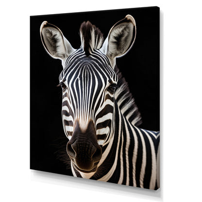 Bold Zebra Portrait on Black Canvas – Stunning Animal Art for Modern Decor