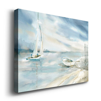 Serene Seascape Oil Painting with Sailboat and Tranquil Waters