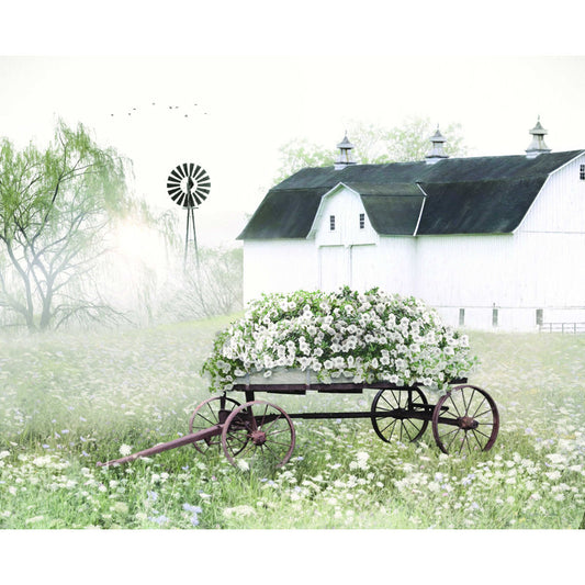 Serene Summer Landscape with Flower Cart and White Barn Oil Painting