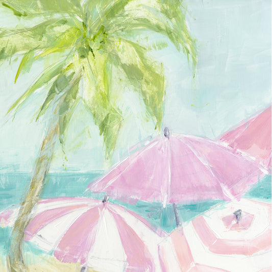 Serene Summer Beach Scene with Pink Umbrellas and Palm Trees