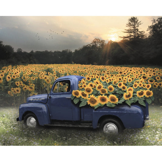 Charming Sunflower Field at Dusk with Vintage Blue Truck Oil Painting