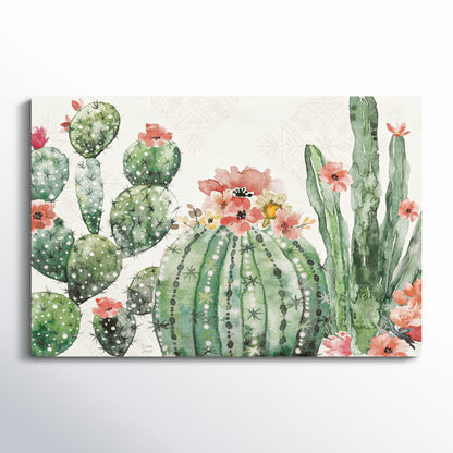 Vibrant Southwest Cactus Garden Oil Painting with Floral Accents