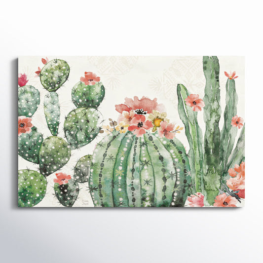 Vibrant Southwest Cactus Garden Oil Painting with Floral Accents