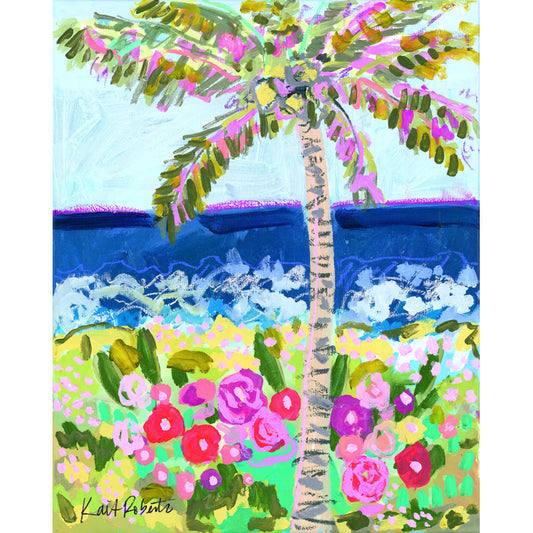 Tropical Paradise: Vibrant Palm Tree Overlooking Coastal Bloom