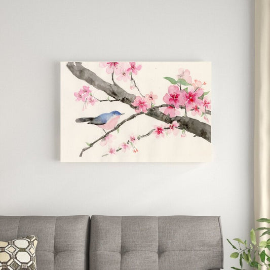 Blossoming Cherry Tree with Bird - Elegant Floral Oil Painting