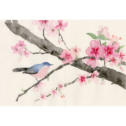 Blossoming Cherry Tree with Bird - Elegant Floral Oil Painting