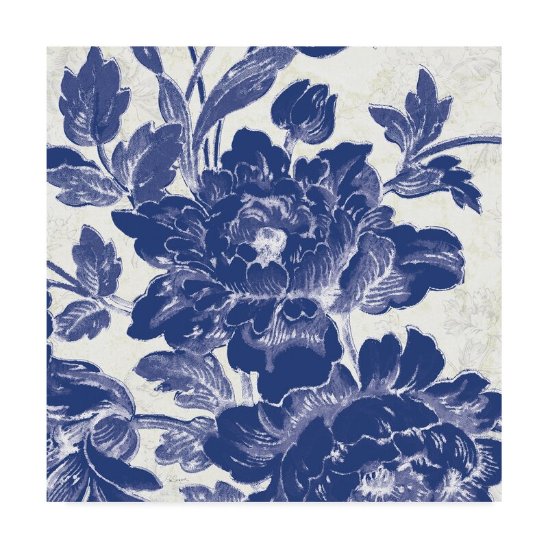 Indigo Toile Roses Floral Oil Painting
