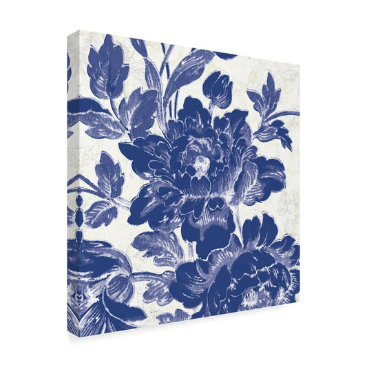 Indigo Toile Roses Floral Oil Painting
