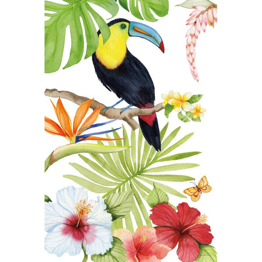 Tropical Paradise Oil Painting with Vibrant Flowers and Tropical Bird