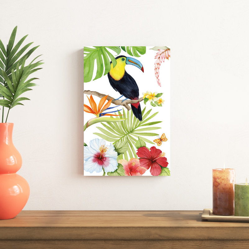 Tropical Paradise Oil Painting with Vibrant Flowers and Tropical Bird