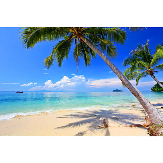 Vibrant Tropical Beach Scene with Palm Trees and Crystal Clear Water