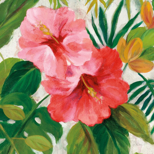 Vibrant Tropical Floral Oil Painting with Pink and Red Hibiscus Blooms