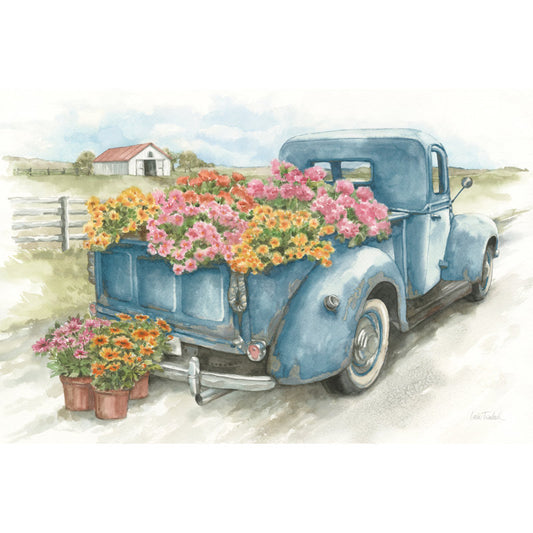 Vintage Blue Truck Loaded with Colorful Flowers in Nature