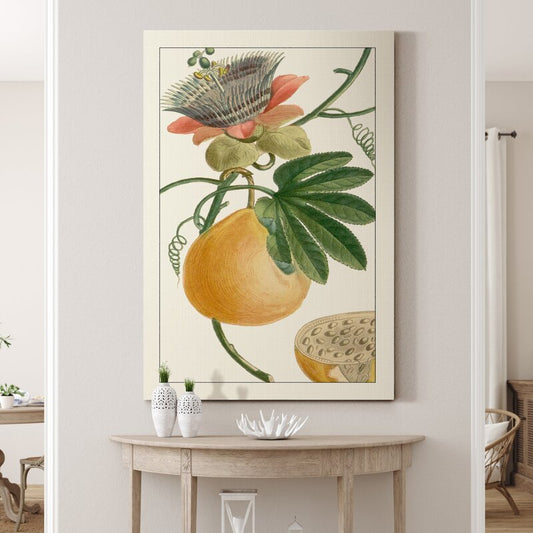 Exotic Botanical Oil Painting with Vibrant Floral and Fruit Elements