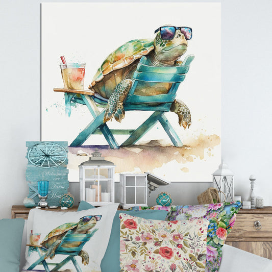 Charming Turtle Relaxing on Beach Chair with Sunglasses and Tropical Drink