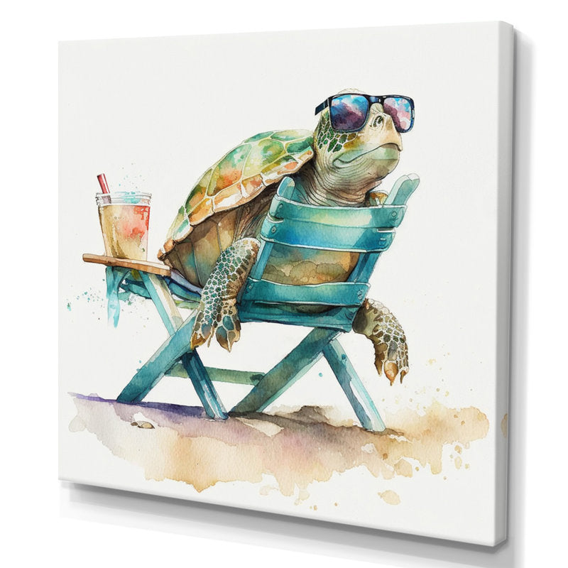 Charming Turtle Relaxing on Beach Chair with Sunglasses and Tropical Drink