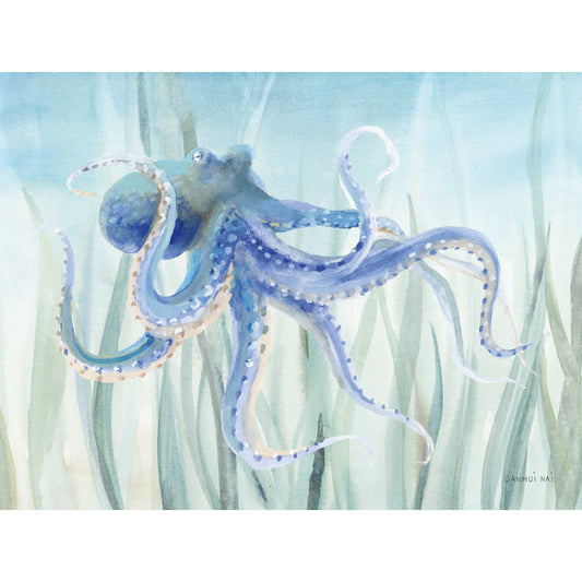 Undersea Octopus Painting with Seaweed - Coastal Ocean Art